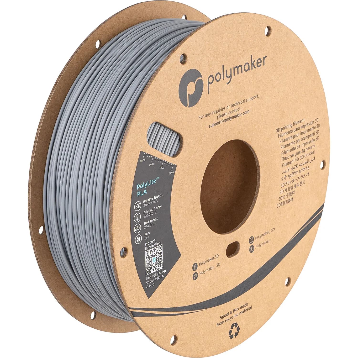 Polymaker 1.75mm PolyLite PLA Filament (1kg, Gray)