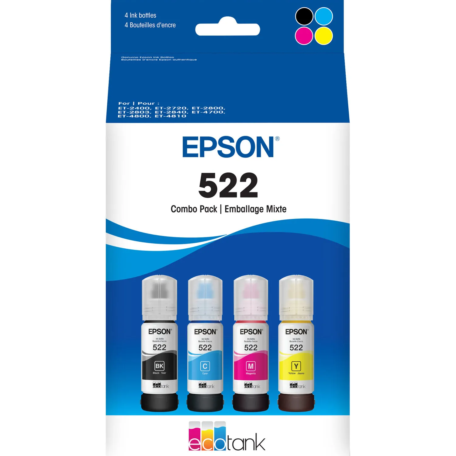 Epson T522 Multi-Color Ink Bottle Pack (Black, Cyan, Magenta, Yellow)