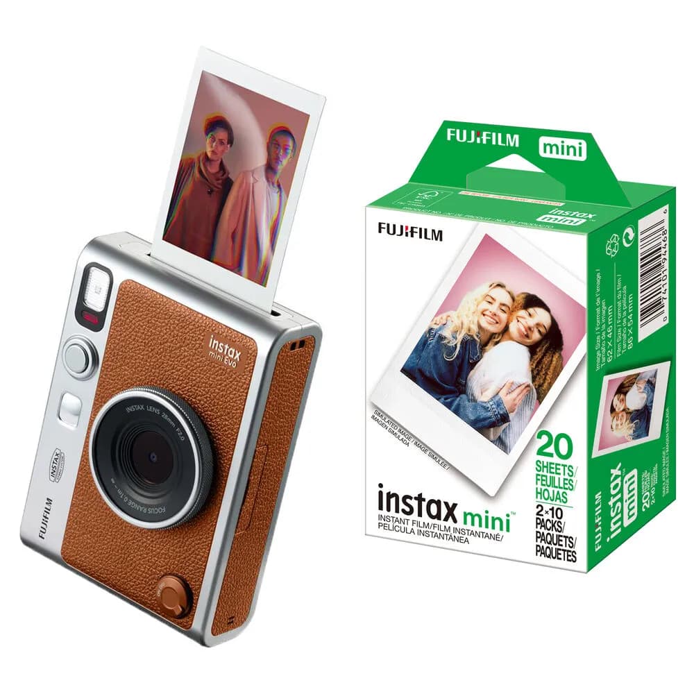 FUJIFILM instax mini EVO Hybrid Instant Camera with Film Starter Pack (Brown, 20 Exposures)