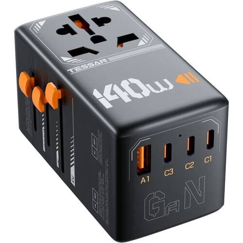 Tessan Universal GaN Travel Adapter with 1 AC Outlet, 1 USB-A &amp; 3 USB-C Ports (140W)