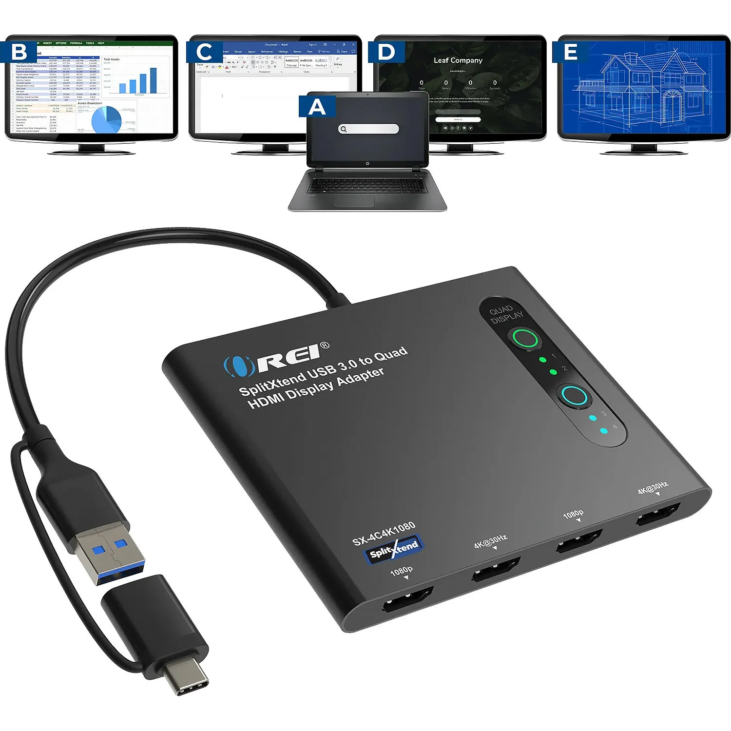 OREI SplitXtend USB to Quad HDMI Display Adapter